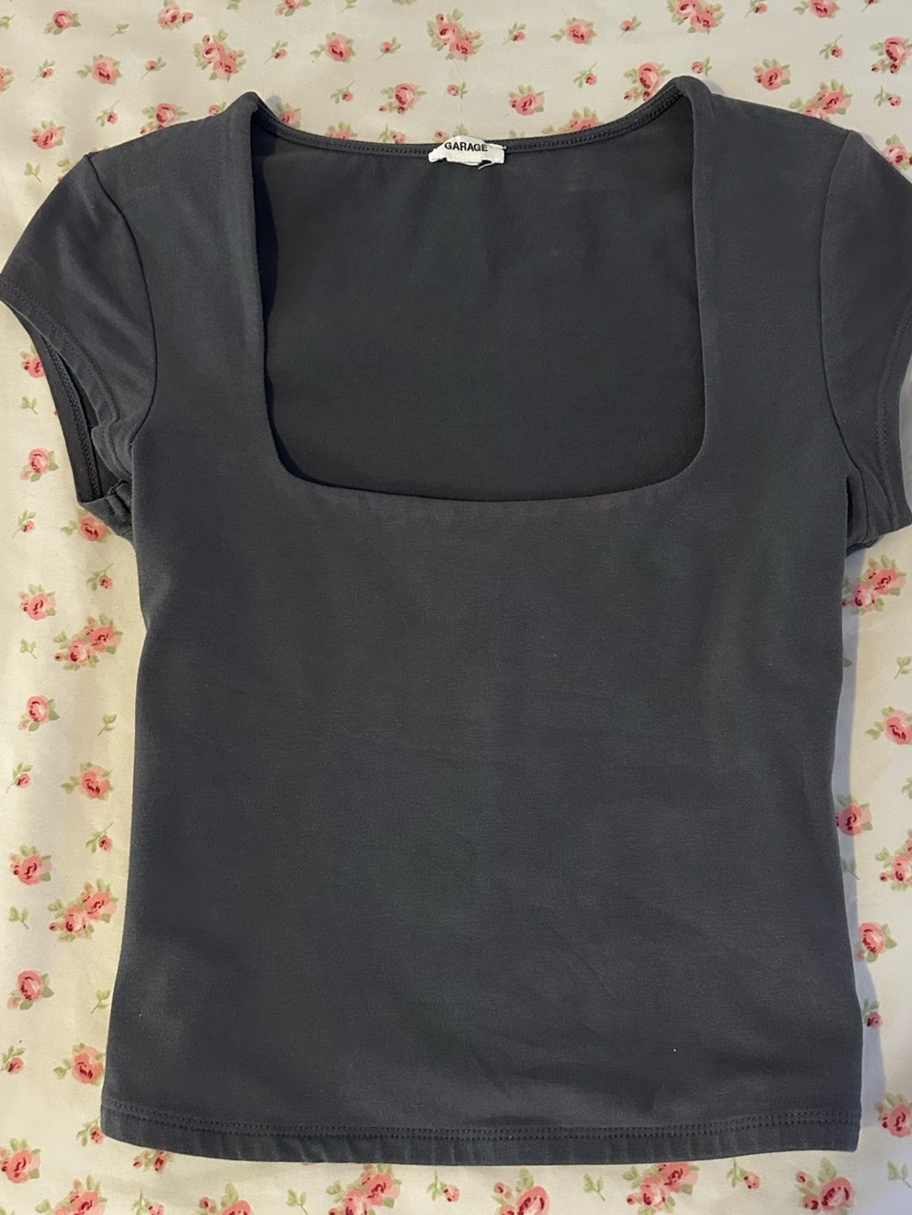 Garage Square Neck Short Sleeve Top - Charcoal Gray